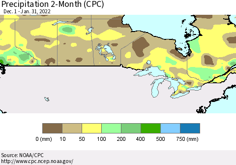 Canada Precipitation 2-Month (CPC) Thematic Map For 12/1/2021 - 1/31/2022