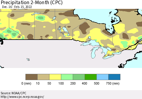 Canada Precipitation 2-Month (CPC) Thematic Map For 12/16/2021 - 2/15/2022
