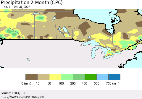 Canada Precipitation 2-Month (CPC) Thematic Map For 1/1/2022 - 2/28/2022