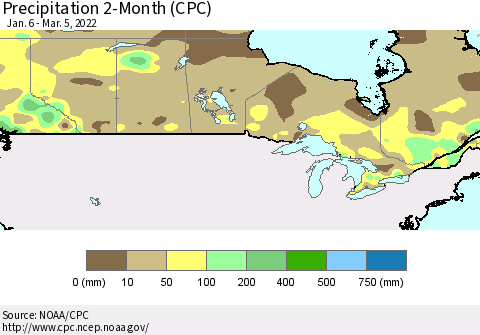 Canada Precipitation 2-Month (CPC) Thematic Map For 1/6/2022 - 3/5/2022