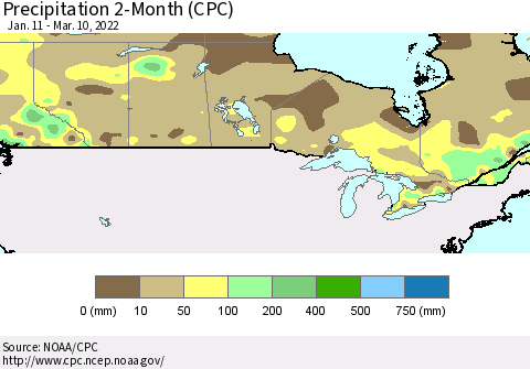 Canada Precipitation 2-Month (CPC) Thematic Map For 1/11/2022 - 3/10/2022