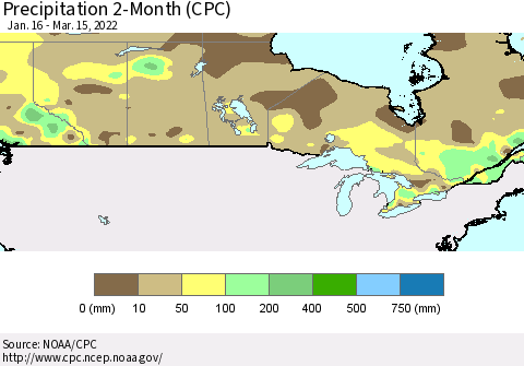 Canada Precipitation 2-Month (CPC) Thematic Map For 1/16/2022 - 3/15/2022