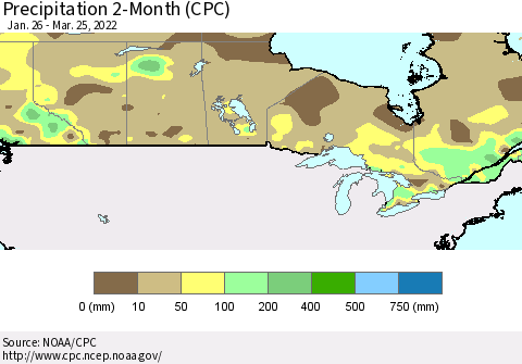 Canada Precipitation 2-Month (CPC) Thematic Map For 1/26/2022 - 3/25/2022
