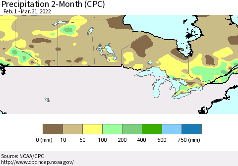 Canada Precipitation 2-Month (CPC) Thematic Map For 2/1/2022 - 3/31/2022