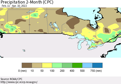 Canada Precipitation 2-Month (CPC) Thematic Map For 2/11/2022 - 4/10/2022