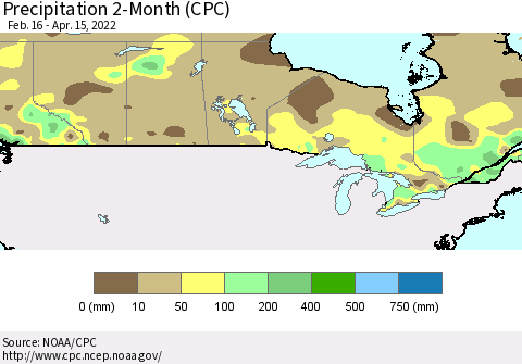 Canada Precipitation 2-Month (CPC) Thematic Map For 2/16/2022 - 4/15/2022