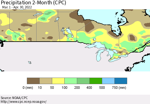 Canada Precipitation 2-Month (CPC) Thematic Map For 3/1/2022 - 4/30/2022