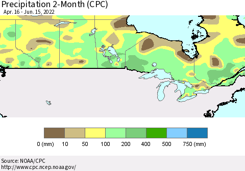 Canada Precipitation 2-Month (CPC) Thematic Map For 4/16/2022 - 6/15/2022
