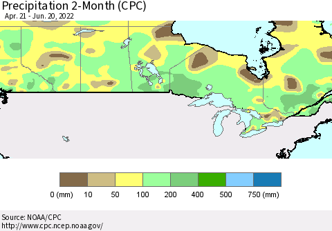 Canada Precipitation 2-Month (CPC) Thematic Map For 4/21/2022 - 6/20/2022