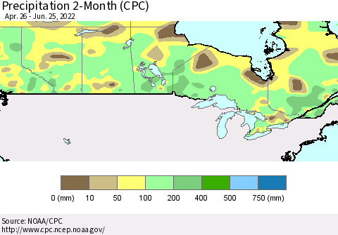 Canada Precipitation 2-Month (CPC) Thematic Map For 4/26/2022 - 6/25/2022