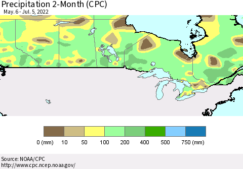 Canada Precipitation 2-Month (CPC) Thematic Map For 5/6/2022 - 7/5/2022