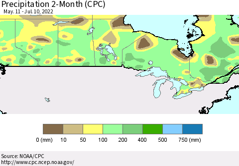 Canada Precipitation 2-Month (CPC) Thematic Map For 5/11/2022 - 7/10/2022