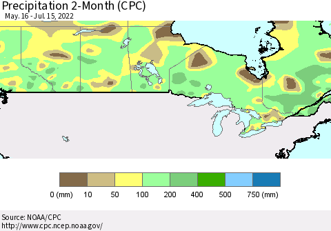 Canada Precipitation 2-Month (CPC) Thematic Map For 5/16/2022 - 7/15/2022
