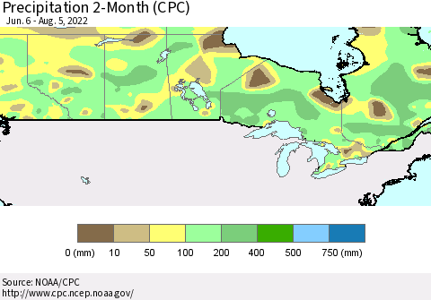 Canada Precipitation 2-Month (CPC) Thematic Map For 6/6/2022 - 8/5/2022