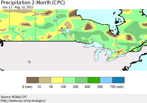 Canada Precipitation 2-Month (CPC) Thematic Map For 6/11/2022 - 8/10/2022