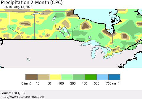 Canada Precipitation 2-Month (CPC) Thematic Map For 6/16/2022 - 8/15/2022