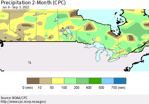 Canada Precipitation 2-Month (CPC) Thematic Map For 7/6/2022 - 9/5/2022