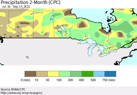 Canada Precipitation 2-Month (CPC) Thematic Map For 7/16/2022 - 9/15/2022