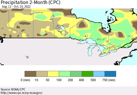 Canada Precipitation 2-Month (CPC) Thematic Map For 8/11/2022 - 10/10/2022