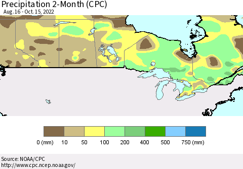 Canada Precipitation 2-Month (CPC) Thematic Map For 8/16/2022 - 10/15/2022