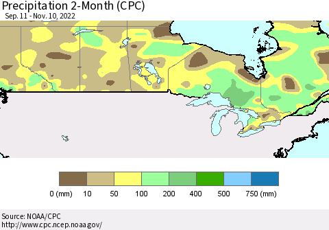 Canada Precipitation 2-Month (CPC) Thematic Map For 9/11/2022 - 11/10/2022