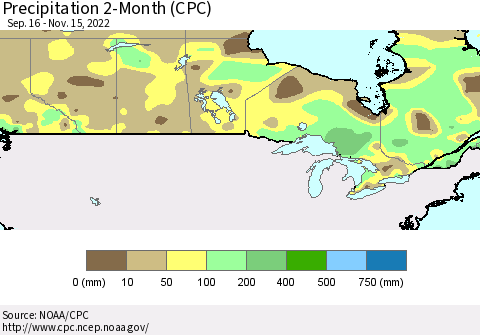Canada Precipitation 2-Month (CPC) Thematic Map For 9/16/2022 - 11/15/2022