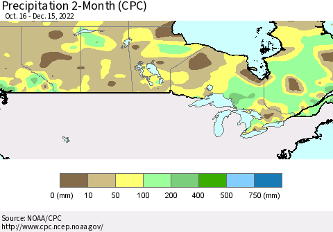 Canada Precipitation 2-Month (CPC) Thematic Map For 10/16/2022 - 12/15/2022