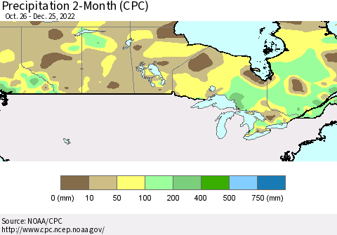 Canada Precipitation 2-Month (CPC) Thematic Map For 10/26/2022 - 12/25/2022