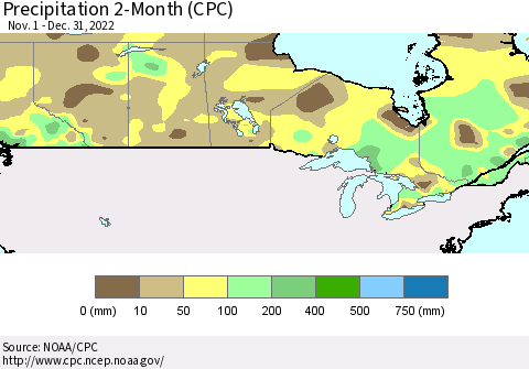 Canada Precipitation 2-Month (CPC) Thematic Map For 11/1/2022 - 12/31/2022
