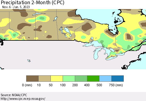 Canada Precipitation 2-Month (CPC) Thematic Map For 11/6/2022 - 1/5/2023