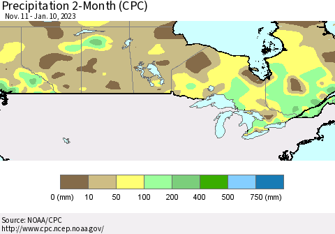 Canada Precipitation 2-Month (CPC) Thematic Map For 11/11/2022 - 1/10/2023