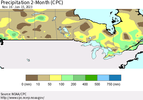 Canada Precipitation 2-Month (CPC) Thematic Map For 11/16/2022 - 1/15/2023