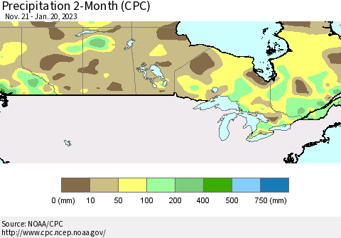 Canada Precipitation 2-Month (CPC) Thematic Map For 11/21/2022 - 1/20/2023