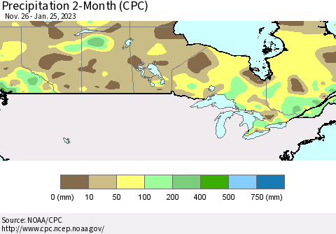Canada Precipitation 2-Month (CPC) Thematic Map For 11/26/2022 - 1/25/2023
