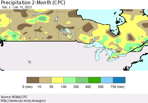 Canada Precipitation 2-Month (CPC) Thematic Map For 12/1/2022 - 1/31/2023