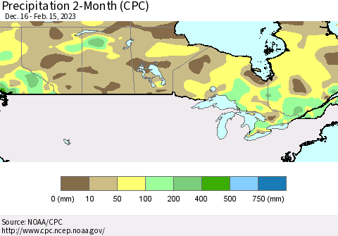 Canada Precipitation 2-Month (CPC) Thematic Map For 12/16/2022 - 2/15/2023