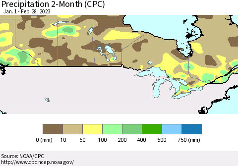 Canada Precipitation 2-Month (CPC) Thematic Map For 1/1/2023 - 2/28/2023
