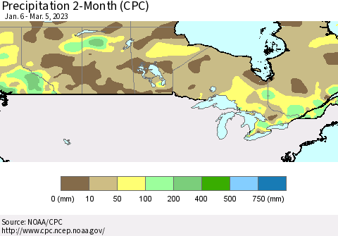 Canada Precipitation 2-Month (CPC) Thematic Map For 1/6/2023 - 3/5/2023