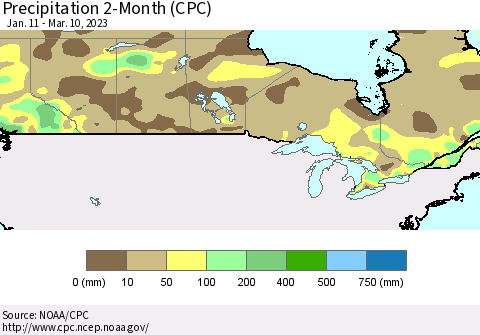 Canada Precipitation 2-Month (CPC) Thematic Map For 1/11/2023 - 3/10/2023