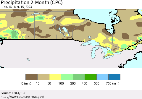 Canada Precipitation 2-Month (CPC) Thematic Map For 1/16/2023 - 3/15/2023