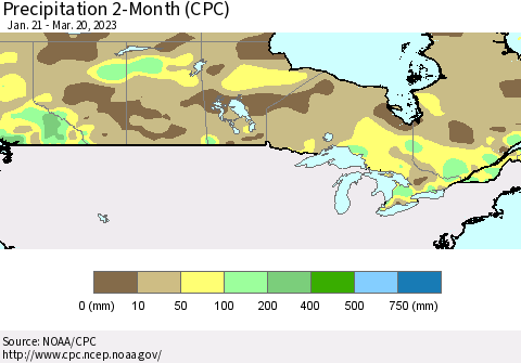 Canada Precipitation 2-Month (CPC) Thematic Map For 1/21/2023 - 3/20/2023
