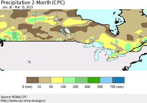 Canada Precipitation 2-Month (CPC) Thematic Map For 1/26/2023 - 3/25/2023