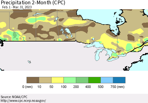 Canada Precipitation 2-Month (CPC) Thematic Map For 2/1/2023 - 3/31/2023