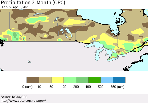 Canada Precipitation 2-Month (CPC) Thematic Map For 2/6/2023 - 4/5/2023