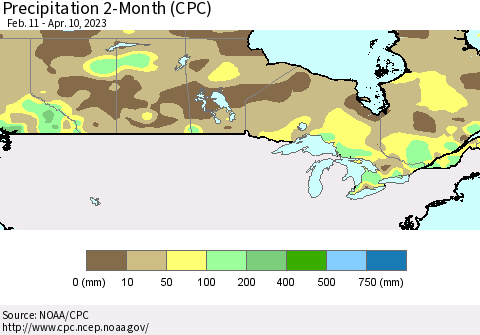 Canada Precipitation 2-Month (CPC) Thematic Map For 2/11/2023 - 4/10/2023