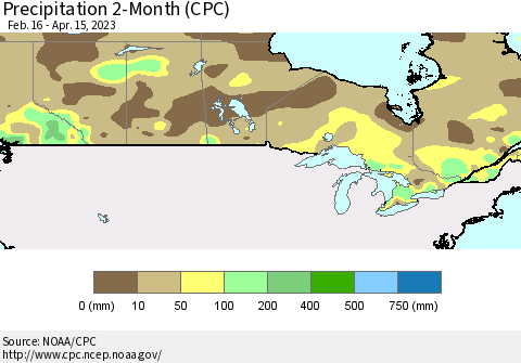 Canada Precipitation 2-Month (CPC) Thematic Map For 2/16/2023 - 4/15/2023