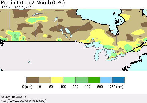 Canada Precipitation 2-Month (CPC) Thematic Map For 2/21/2023 - 4/20/2023