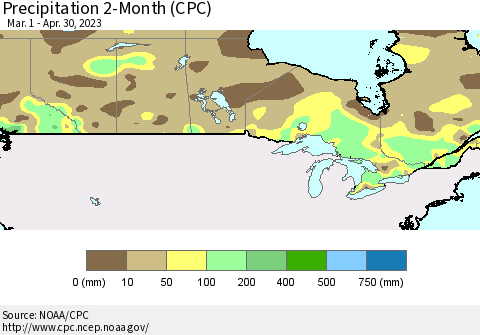 Canada Precipitation 2-Month (CPC) Thematic Map For 3/1/2023 - 4/30/2023