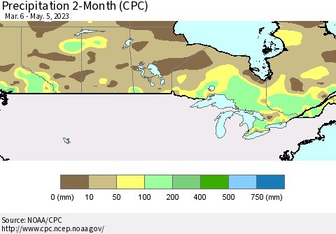 Canada Precipitation 2-Month (CPC) Thematic Map For 3/6/2023 - 5/5/2023