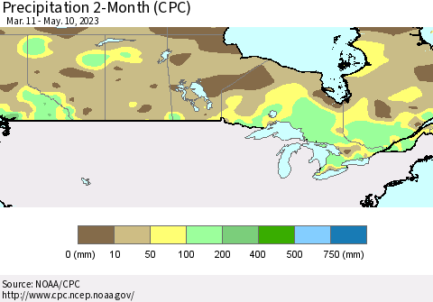 Canada Precipitation 2-Month (CPC) Thematic Map For 3/11/2023 - 5/10/2023